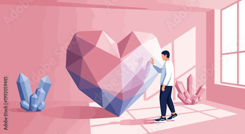 Man Touching Giant Geometric Crystal Heart in Pink Room with Light Rays
