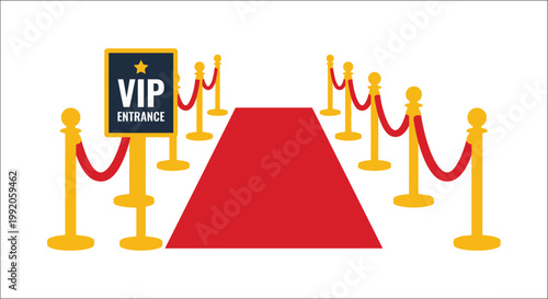 A red carpet entrance with vip signage and velvet ropes illustrated