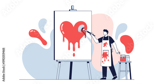 Artist paints a dripping red heart on canvas, symbolizing love and creativity, modern abstract background.