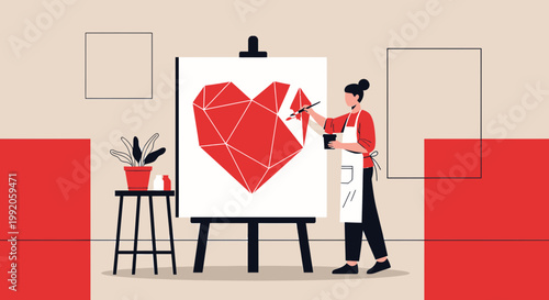 Artist paints a geometric heart on canvas, symbolizing creativity, love, and art therapy.