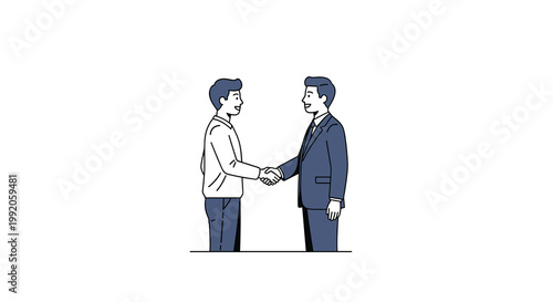 A professional man in a crisp white shirt shakes hands with a colleague wearing a formal blue suit against a stark and minimalist white background.