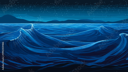 Pixelated illustration of a starry night sky above a turbulent ocean with stylized waves