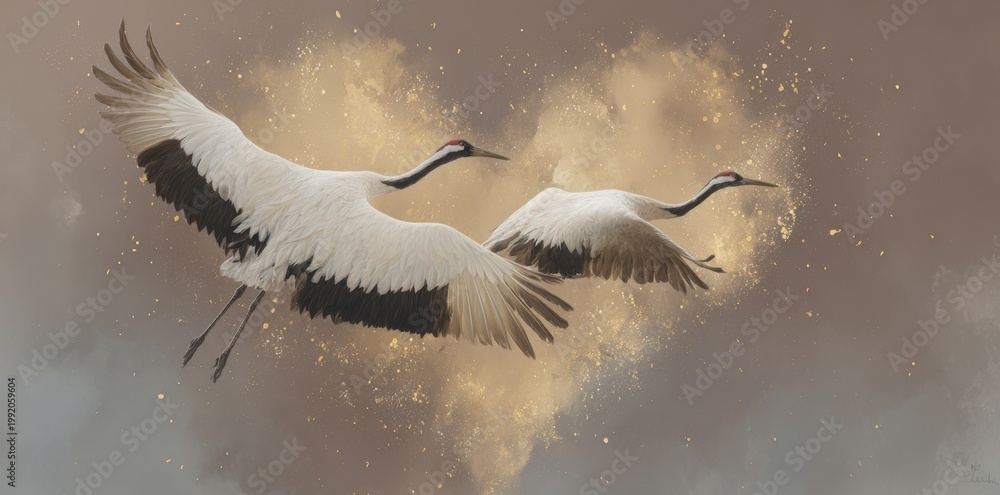 Fototapeta premium In a calm natural setting, two cranes extend their wings gracefully against a soft background