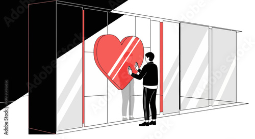 Man Touching Large Red Heart on Glass Wall, Modern Abstract Art