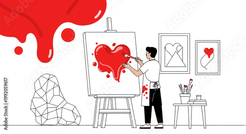 Artist paints a vibrant red heart on canvas, symbolizing creativity and love in a modern studio.