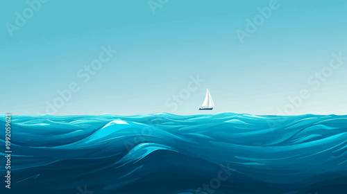 Minimalist ocean scene featuring turquoise waves under a clear sky, with a sailboat on the horizon