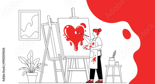 Artist paints a vibrant red heart on canvas, symbolizing love and creativity in a studio setting.