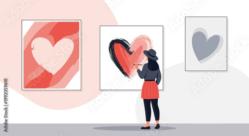 Artist paints abstract heart art in gallery, modern art, creative expression, love concept
