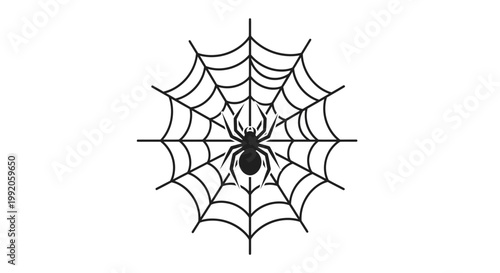 クモが巣の中心に位置し、糸を張る様子が描かれているシンプルなイラスト。