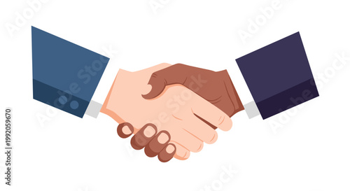 Professional handshake between a light-skinned person and a dark-skinned person wearing formal suit sleeves solidifies a formal agreement against a bright white background.