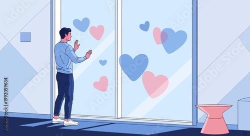 Man Touching Window with Pink and Blue Hearts, Symbolizing Love and Connection