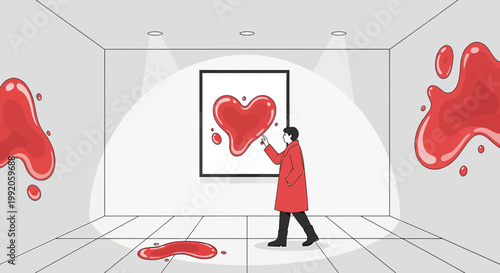 Artist Paints Abstract Red Heart Art in Modern Gallery