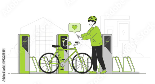 Man using smartphone at electric bike charging station, urban transport, eco-friendly lifestyle
