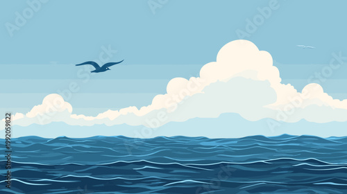 Pixelated artwork of ocean waves, fluffy clouds, and a flying bird, portraying a serene seaside scene