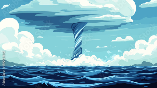 Pixelated illustration of a tornado over ocean, dramatic cloudy sky in varying shades of blue