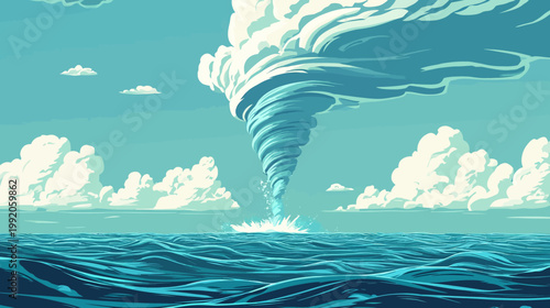 A pixelated artwork depicts a swirling tornado over a turbulent ocean. Clouds fill the blue sky