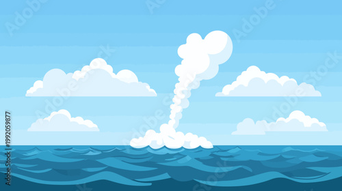 A pixelated seascape featuring fluffy clouds in a bright blue sky, over a choppy ocean