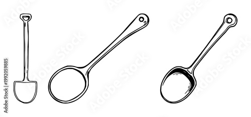 Black line art, white background: ladle set with simple line art design featuring sketches, drawings, vector graphics with minimalist and simple illustrations
