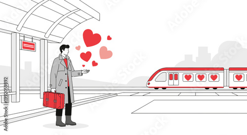 Man Waiting for Train with Hearts, Love and Romance Concept