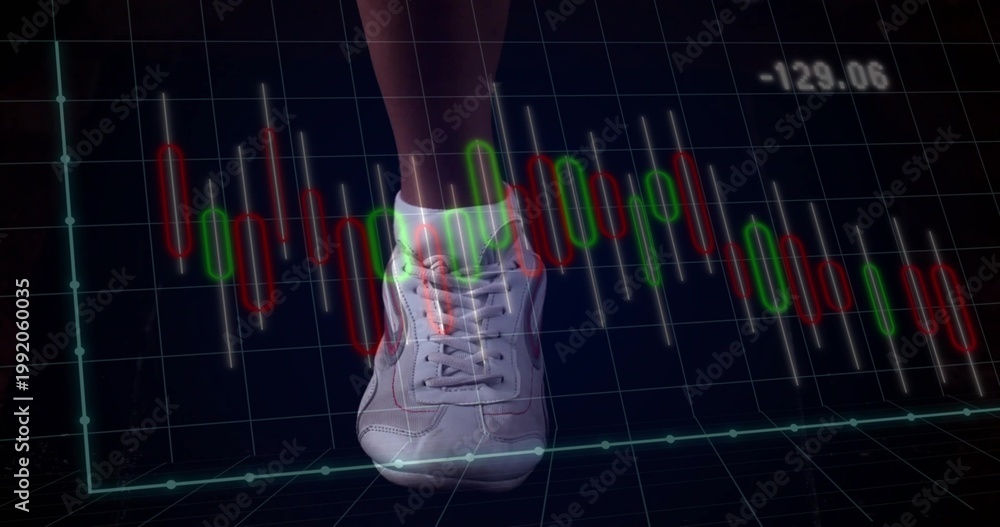 Fototapeta premium Standing sneakered foot with white sock and dark pants on studio grid, showing candlestick -129