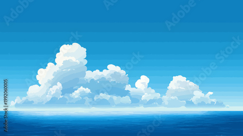 Pixelated illustration of a bright blue sky with fluffy white clouds over a rippling blue ocean