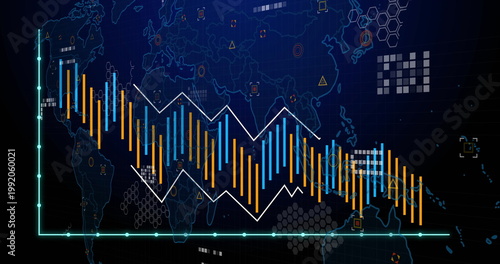 Displaying global chart on digital dashboard, showing blue orange bars, white zigzag, cyan axes