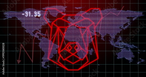 Displaying red neon skull overlay covering dark tactical HUD, with purple dotted map and waveform