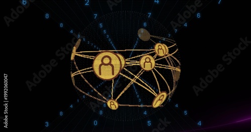 Rotating dotted sphere showing gold node badges and arcs in abstract digital space with blue digits