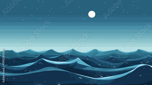 Pixelated illustration of a starry night over a dark ocean, with a full moon and waves