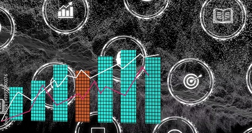 Displaying clustered bar chart on dashboard with teal bars, orange bar, white-magenta lines, icons