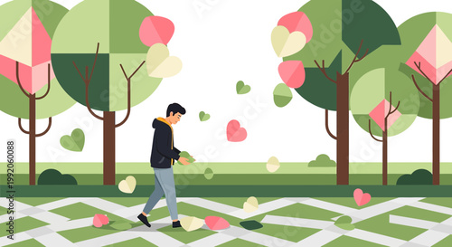 Man Walking in Park with Falling Hearts, Abstract Geometric Nature Scene