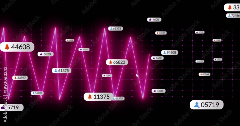 Naklejka premium Displaying neon magenta waveform zigzagging across dark digital dashboard, with notification badges