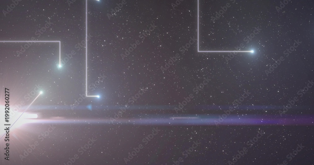 Obraz premium Emitting pink flare, left lens sending purple lines and glowing nodes across space, copy space