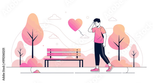 Man walking in park with abstract heart, mental health, emotional wellbeing