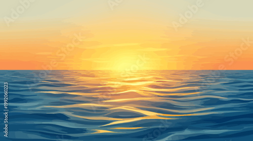Pixelated artwork depicts sunrise over the ocean. Orange, yellow, and blue colors create a serene scene