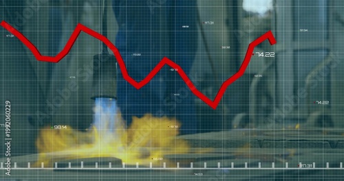 Emitting blue flame, spreading orange plume over metal plate at lab bench, with red zigzag chart