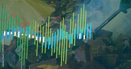 Displaying bar candlestick chart merging with mining scene in studio graphic, with pickaxe and coal