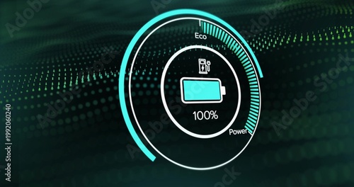 Showing circular battery gauge pulsing on HUD with segmented ring, 100% battery, Eco Power text