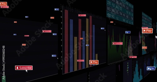 Showing central bright bar chart in dark UI, with Subscribe Play Like badges, cursor, numeric grid