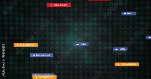 Floating alerts hovering over teal ringed UI, showing LIKED GET NOTIFIED Friend Added red play