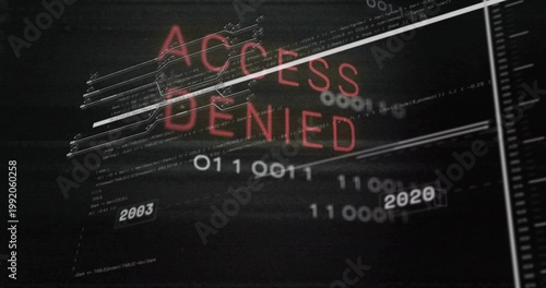 Displaying red ACCESS DENIED overlay across cyber terminal, showing binary stream, scanlines, ruler