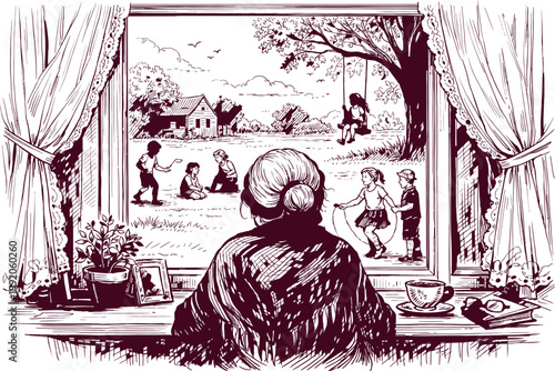 Grandma Watching Grandkids Play Through Window