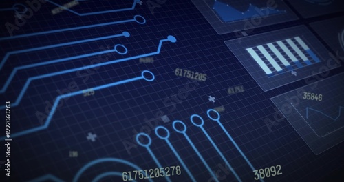 Rendering circuit UI graphic centered on screen, showing glowing traces, nodes, bar and line charts