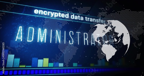 Displaying central ADMINISTRA neon title on monitor screen showing globe, encrypted stripe, charts