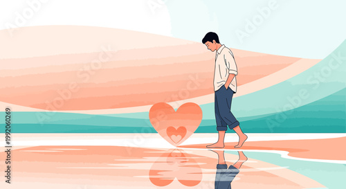 Man walking on beach with reflection of heart shapes, abstract sunset background.