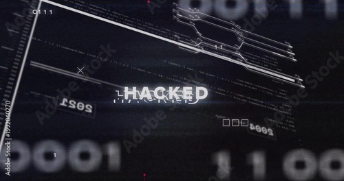 Intrusion event initiating HACKED glitching on security HUD, binary 1s 0s and wireframe flickering