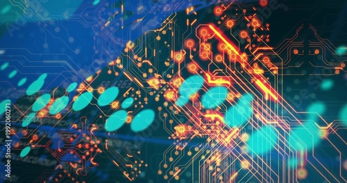 Pulsing circuitry network streaming across digital PCB view, orange traces glowing among teal bokeh