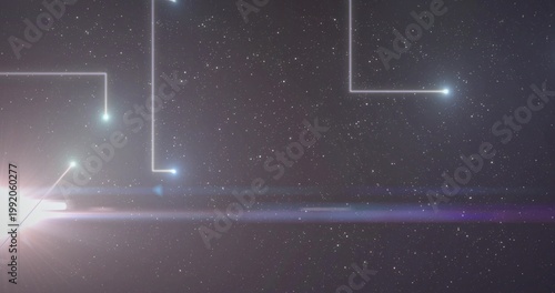 Emitting pink flare, left lens sending purple lines and glowing nodes across space, copy space