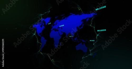Displaying stylish deep blue world map glowing in virtual studio, with neon labels and filaments