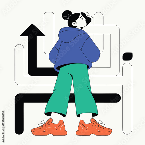 Person standing at decision making crossroads concept illustration